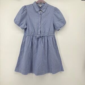 J.Crew Blue White Striped Puff Sleeve Drawstring Shirt Dress 8P Womens